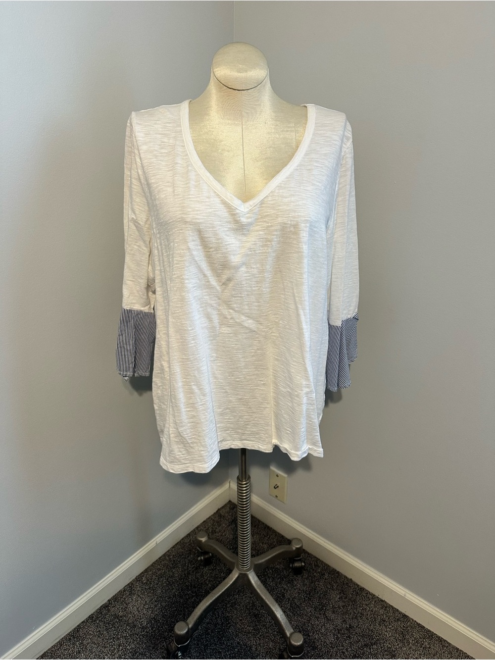Lane Bryant White V-Neck Women's Top with Blue Stripe Sleeve Cuffs